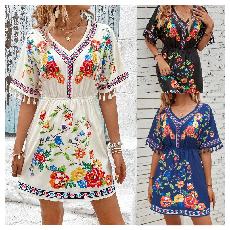 Camille Vásquez | Mini-bohemekjole med blomsterprint til kvinder