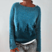 Malene Vinther | Blauer Strickpullover mit Waldmotiv für Damen
