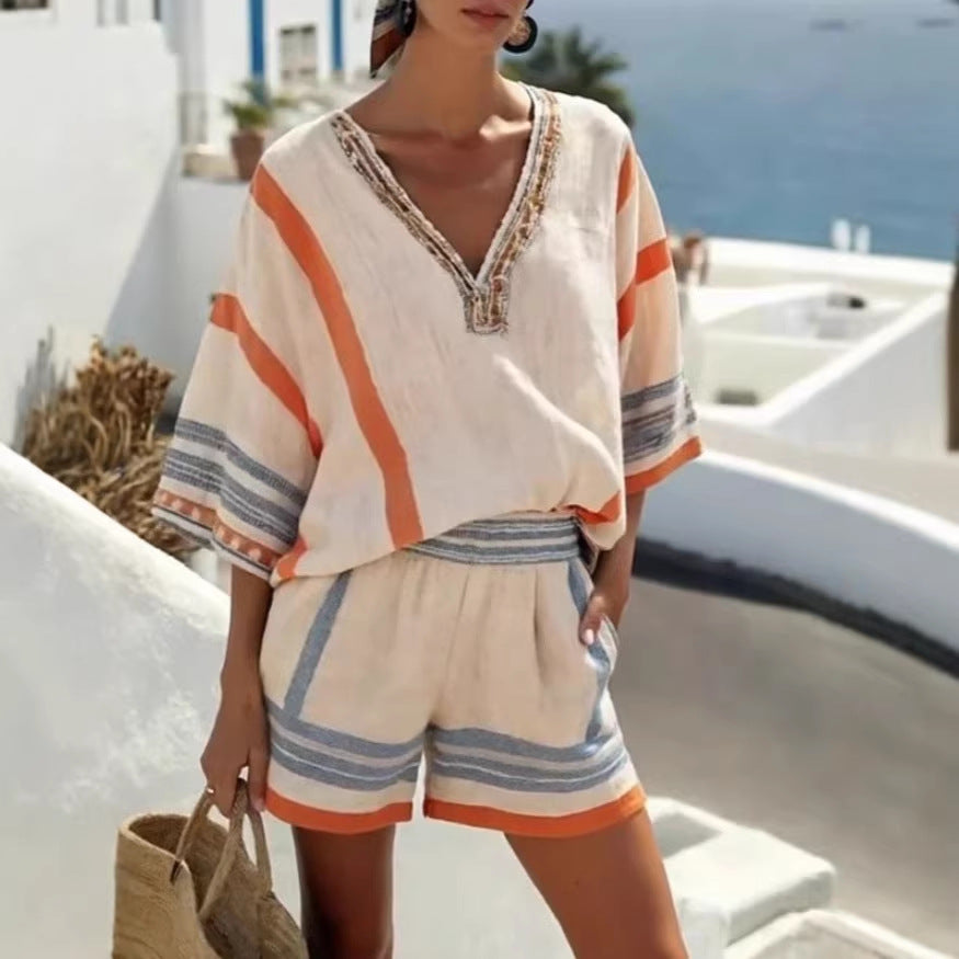 Carmen Reyes | Stribet linned sæt med shorts til kvinder