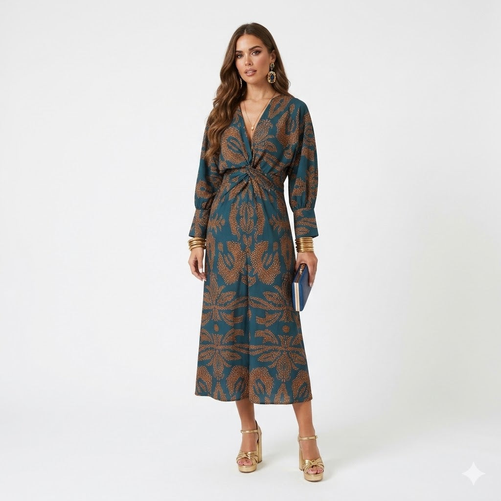 Federica Moreno | Midi-kjole med blåt paisley-print og wrap-detalje