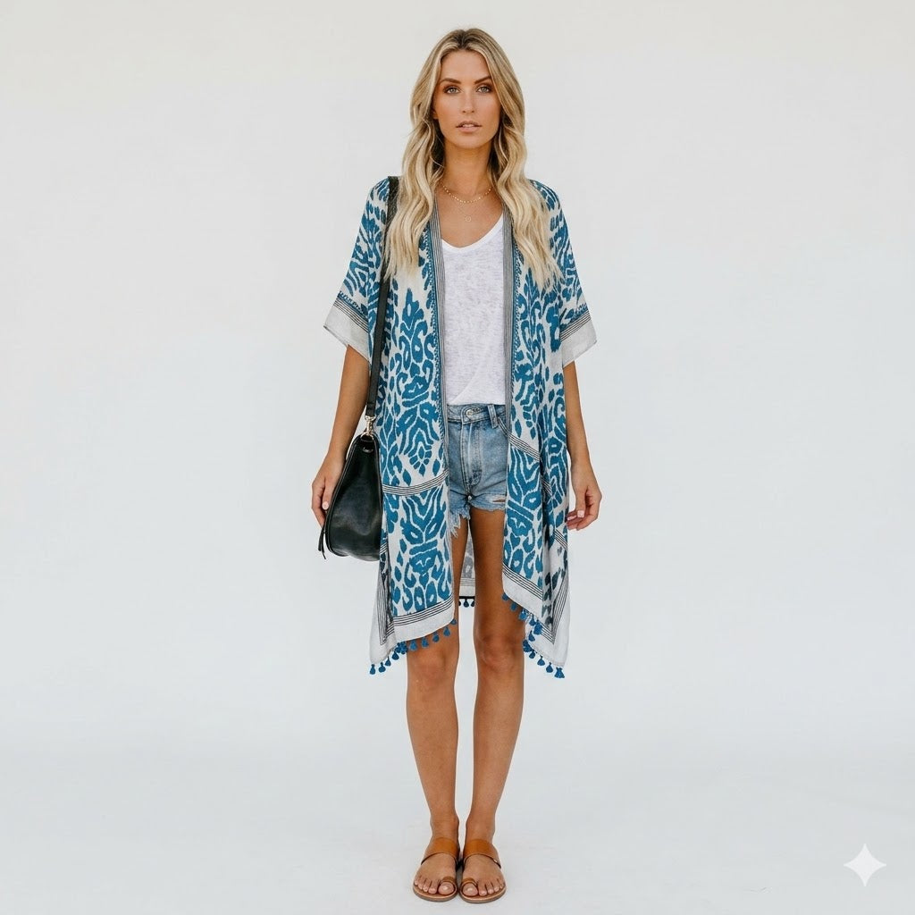 Margherita Ashford | Boho-Kimono i Hvid & Blå med Etnisk Mønster og Frynser