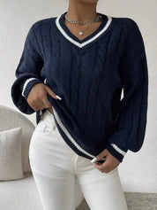 Ophelia Sinclair | Kabelstrik V-hals Pullover med Striber