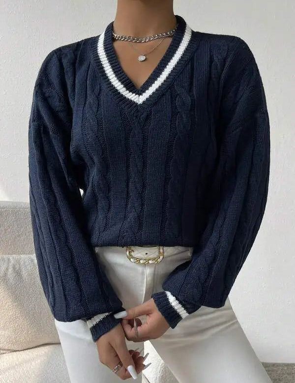Ophelia Sinclair | Kabelstrik V-hals Pullover med Striber