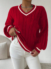 Ophelia Sinclair | Kabelstrik V-hals Pullover med Striber