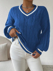 Ophelia Sinclair | Kabelstrik V-hals Pullover med Striber