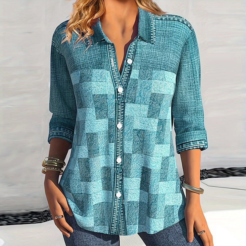 Line Petersen | Bluse i denim-patchwork print til kvinder