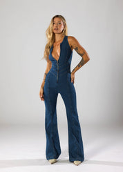 Margot Sinclair | Denim-dragt med hjerteformet udsnit og flare-ben