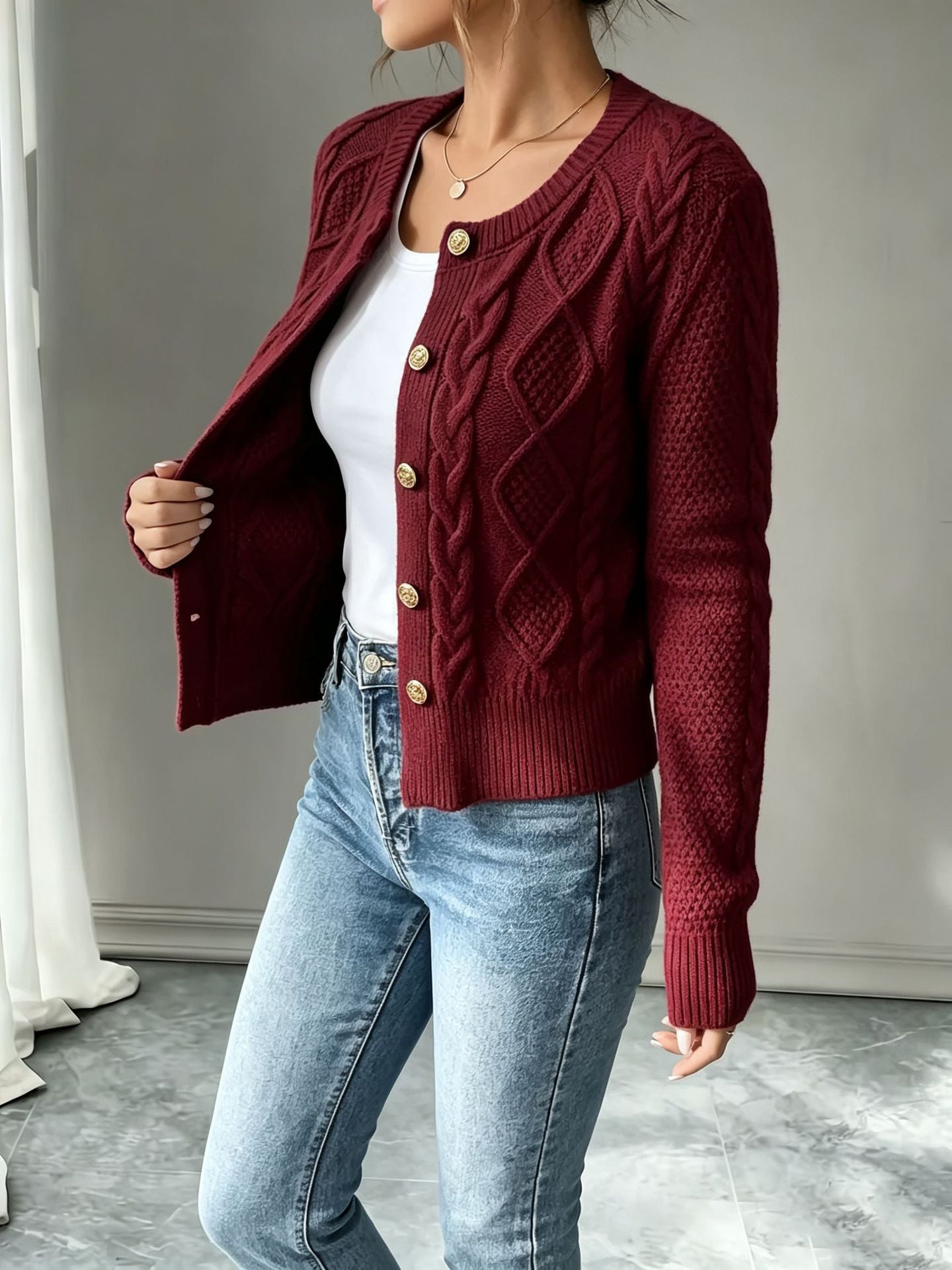 Katja Dam | Navy blue cardigan with buttons and cable knit