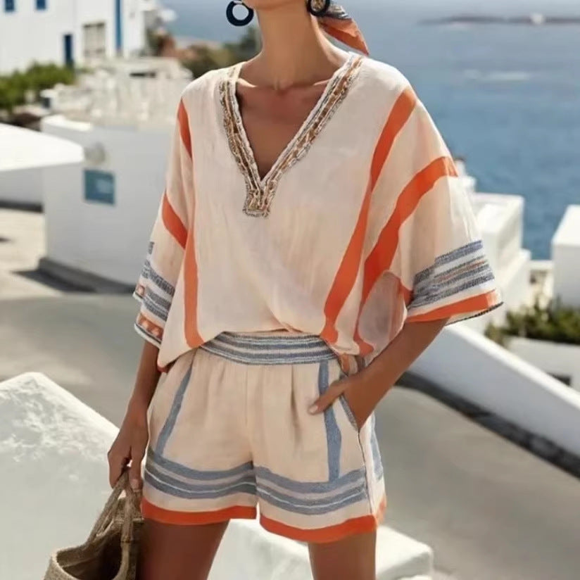 Carmen Reyes | Stribet linned sæt med shorts til kvinder