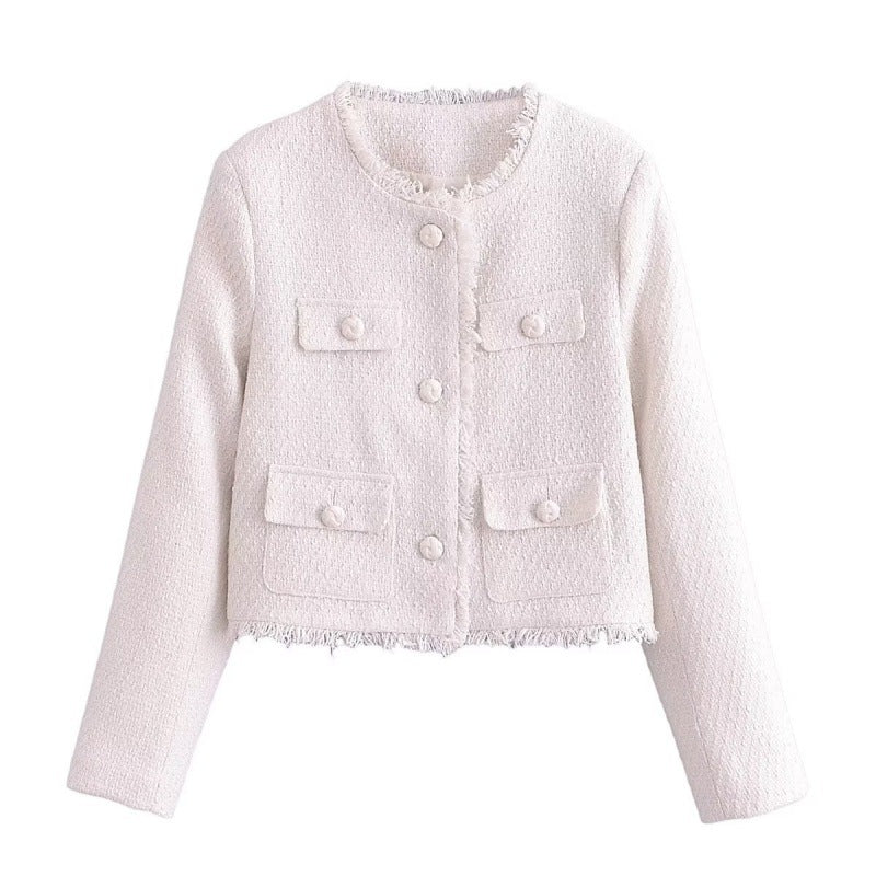 Laura Pedersen | Tweed-jakke i cropped fit med frynsekant