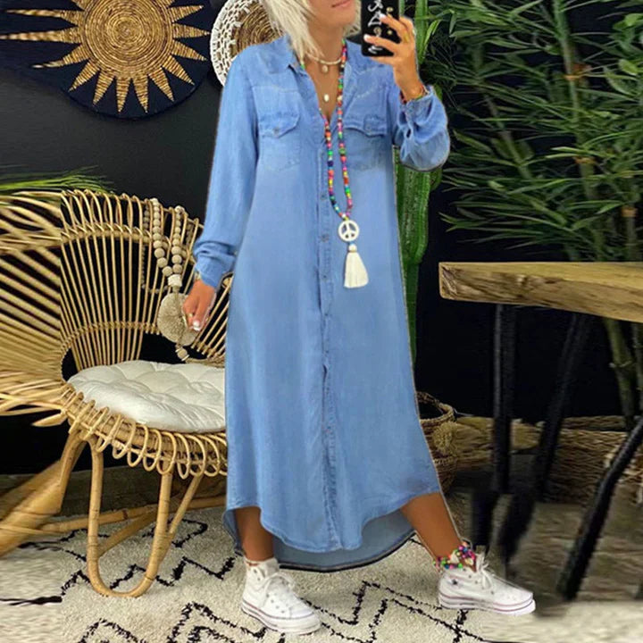 Giulia Moretti | Denim luksus blousekjole i midi-længde