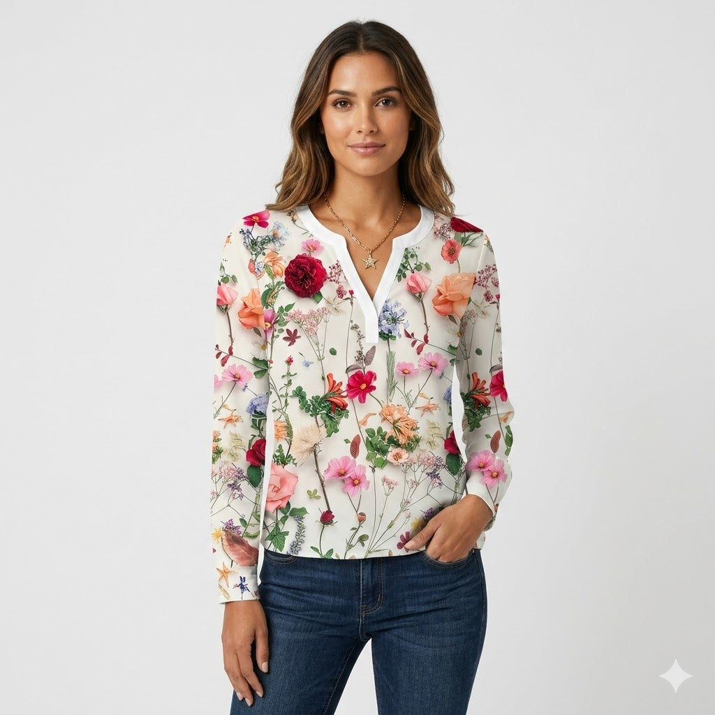 Rosanna Bellini | Blomsterprintet bluse med V-udskæring og lange ærmer