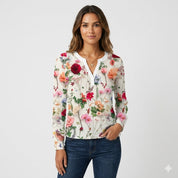Rosanna Bellini | Blomsterprintet bluse med V-udskæring og lange ærmer