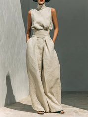 Solène Marchetti | Linned to-delt sæt med turtleneck top og brede bukser til kvinder