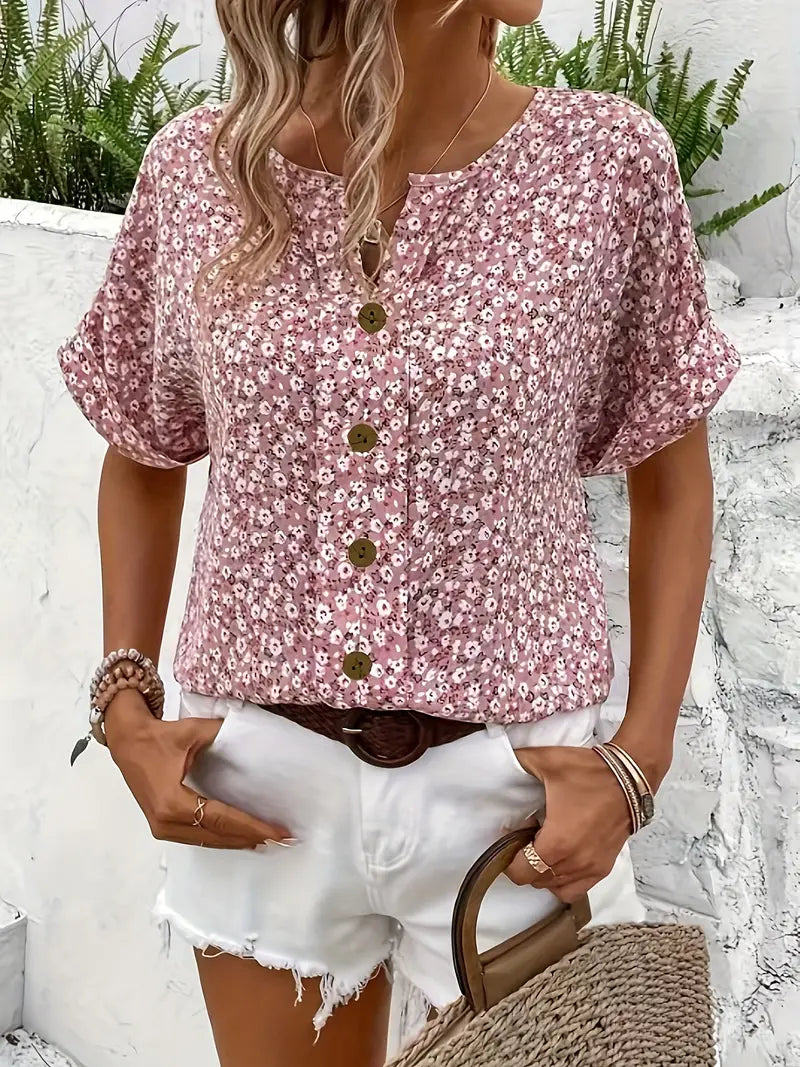Romina Carlisle | Kortærmet Blomsterbluse med Knapdetalje
