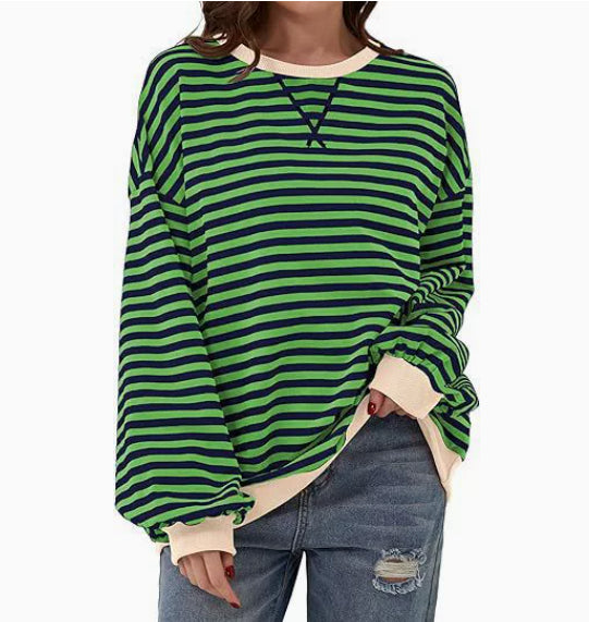 Stine Lindgaard | Oversized Stribet Sweatshirt med Neon Detaljer
