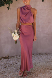 Noémie Delisle | Satinsæt med cropped top og maxi nederdel