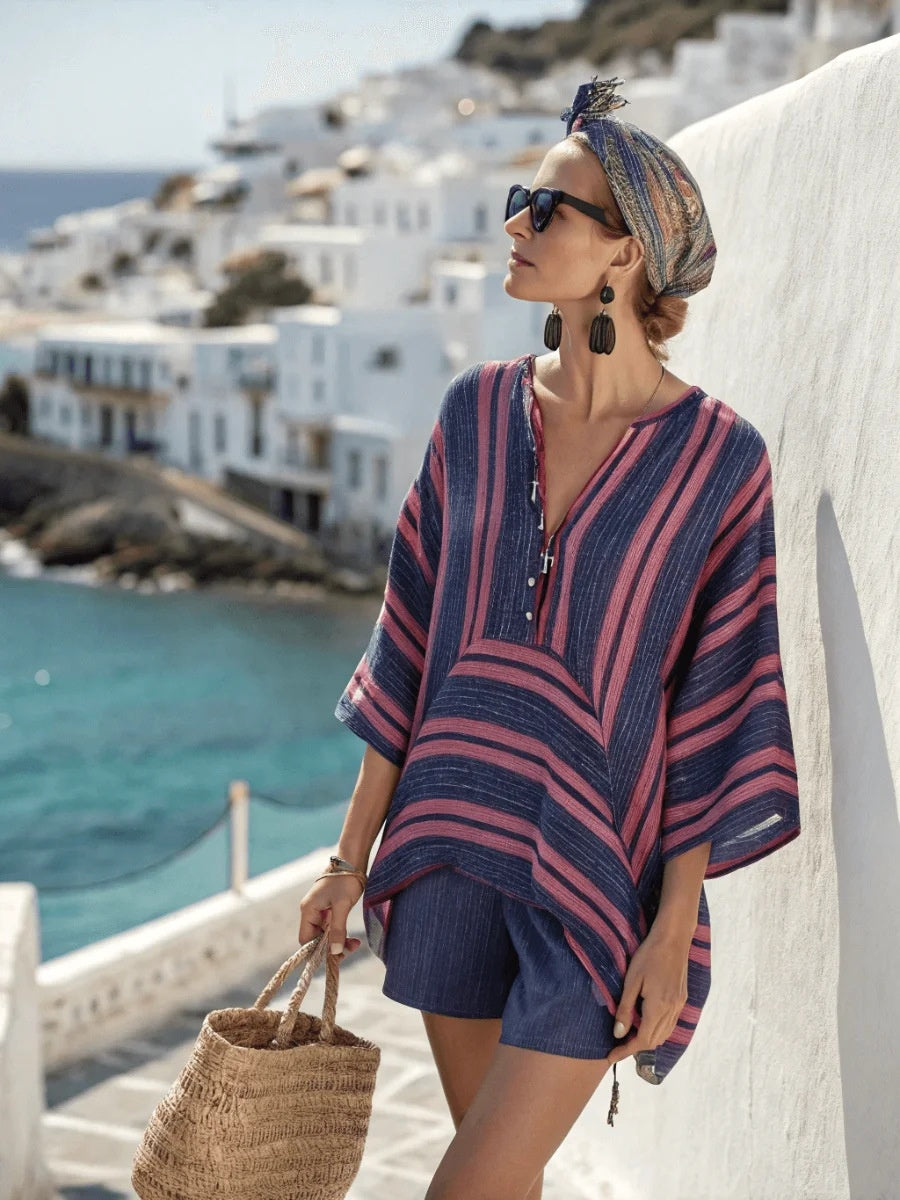 Carmen Reyes | Stribet linned sæt med shorts til kvinder