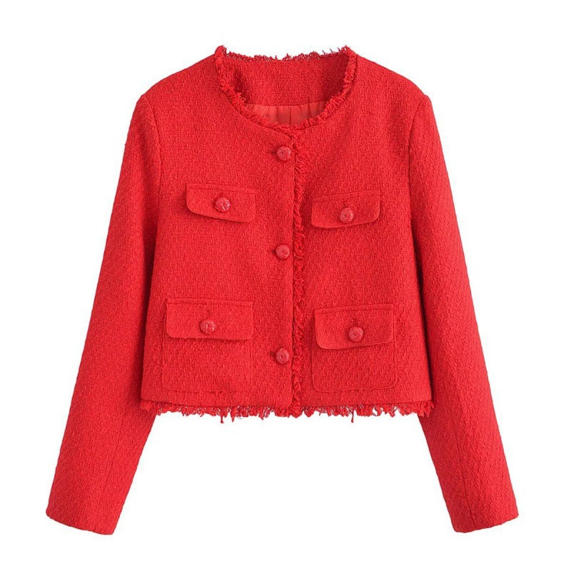 Laura Pedersen | Tweed-jakke i cropped fit med frynsekant