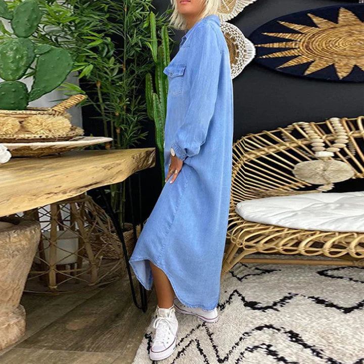 Giulia Moretti | Denim luksus blousekjole i midi-længde