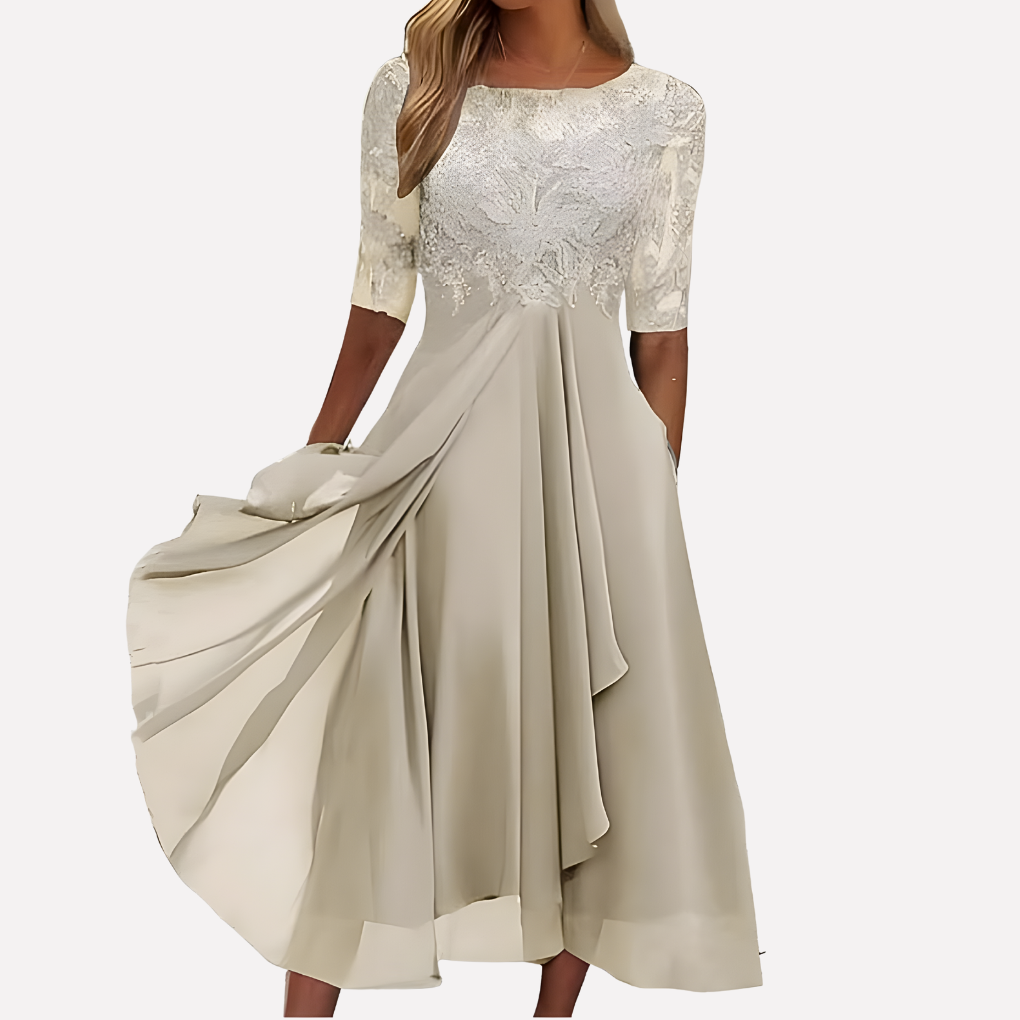 Isabella Moretti | Elegant luksus midi kjole i blonde og chiffon