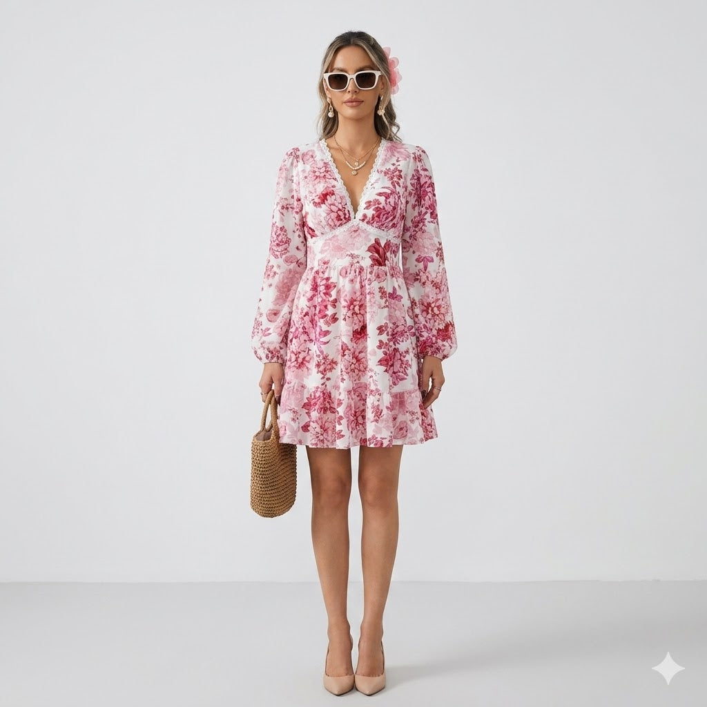 Eleonore Sinclair | Mini-sommerkjole med blå blomsterprint og V-hals