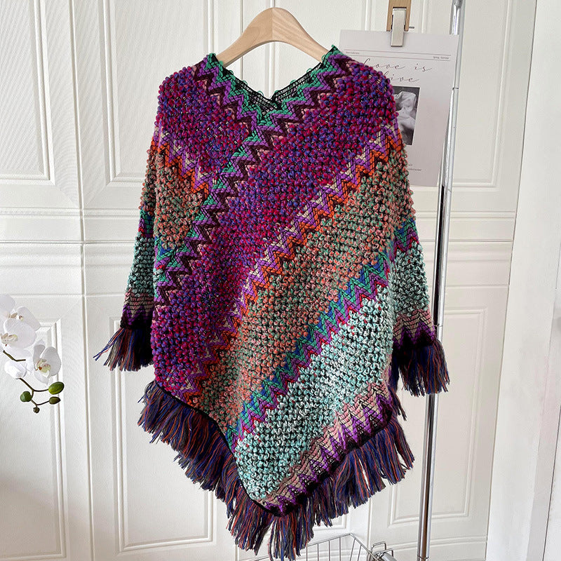 Eva Kirkegaard | Etnisk poncho-sjal med frynser til kvinder
