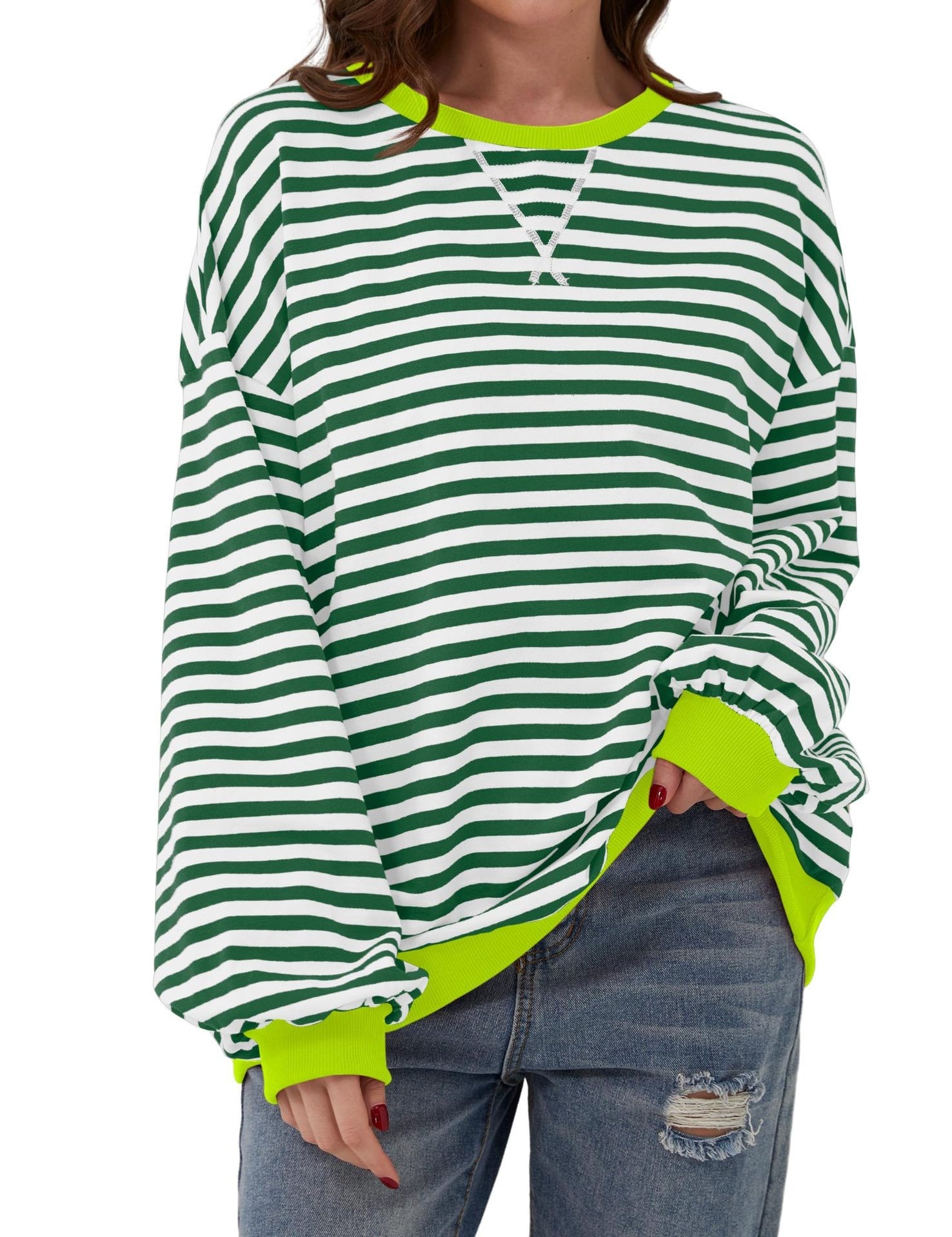 Stine Lindgaard | Oversized Stribet Sweatshirt med Neon Detaljer