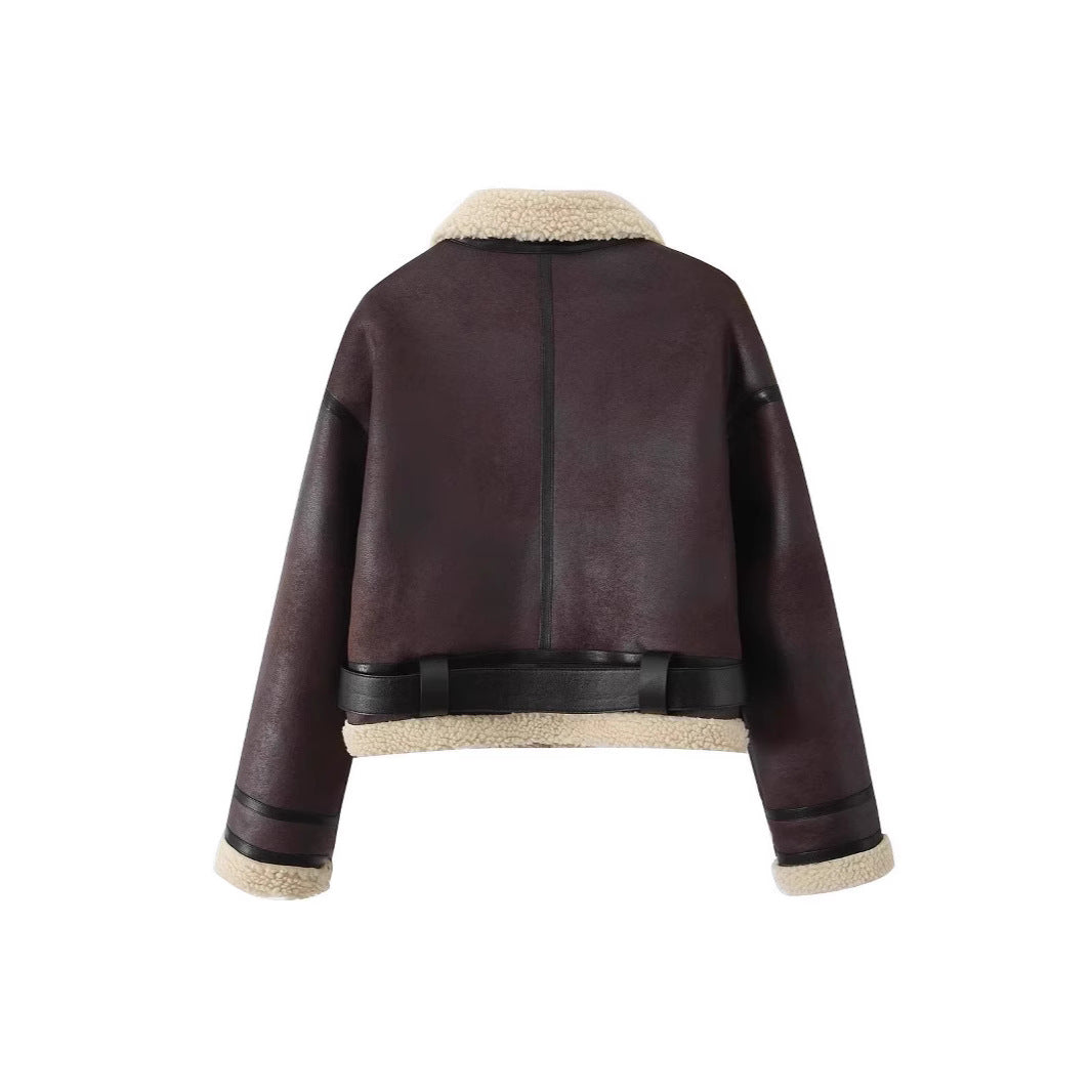 Lærke Juul | Cropped shearling-jakke i læderlook
