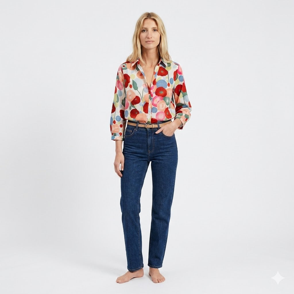 Marguerite Ashford | Blomstret Bluse med Farvefuldt Botanisk Mønster