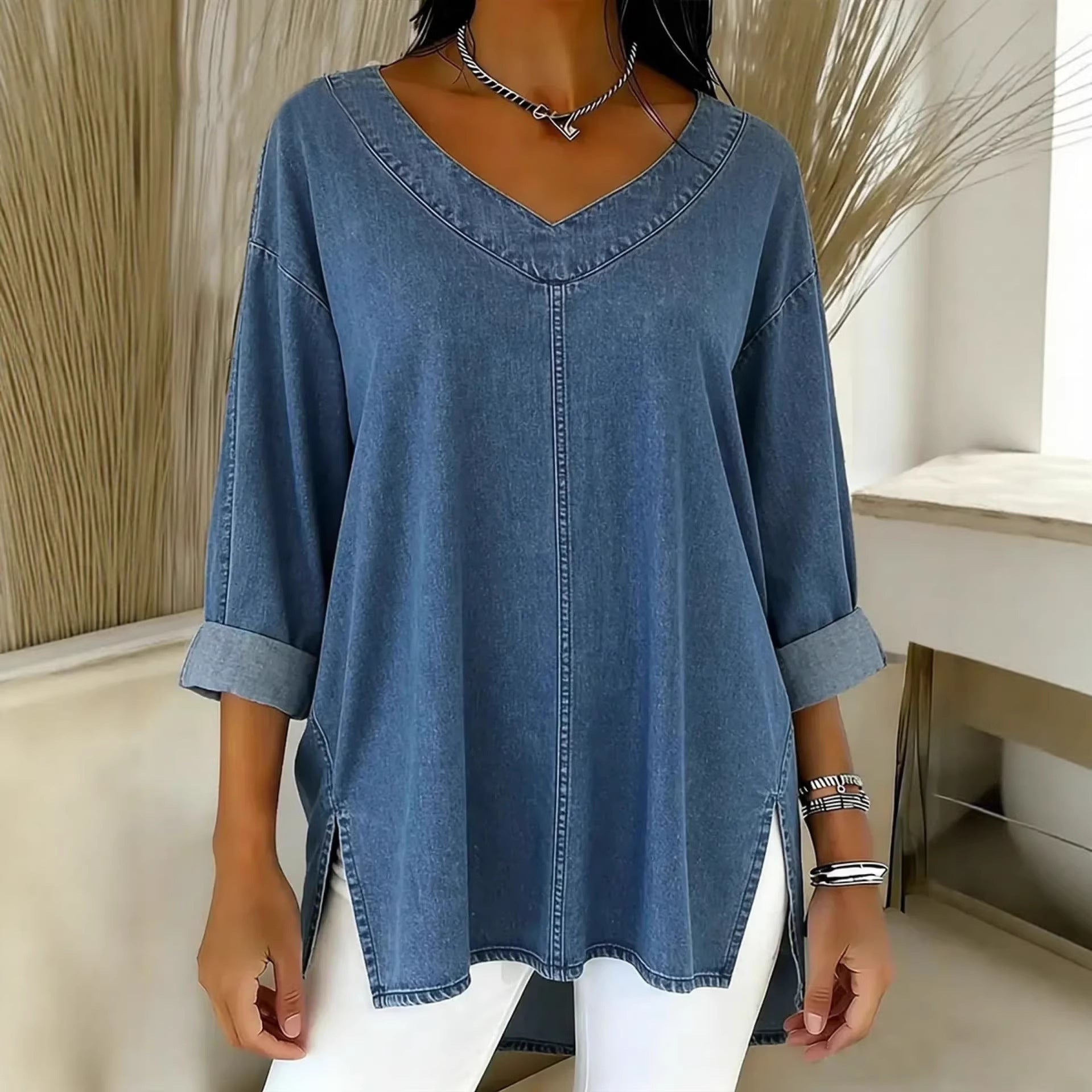 Paloma Durand | Oversized denim top med V-hals og 3/4-ærmer til kvinder