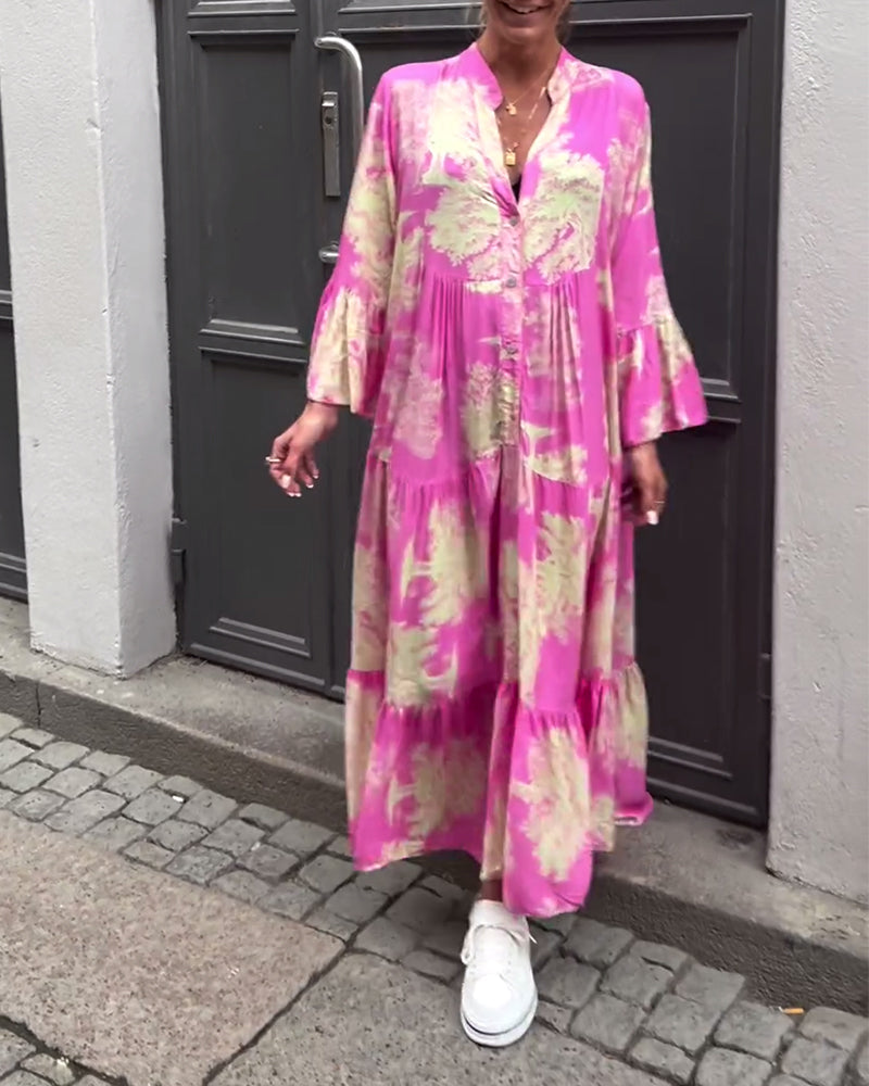 Carlotta Sinclair | Maxi-skjortekjole med naturprint og flæseærmer