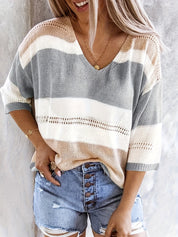 Kaja Skytte | Strikbluse i colorblock med V-hals