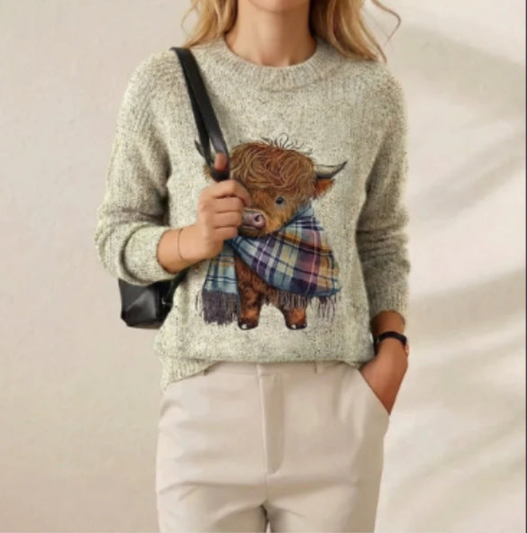 Gry Ottesen | Grov-strikket Sweater med Highland Ko-motiv