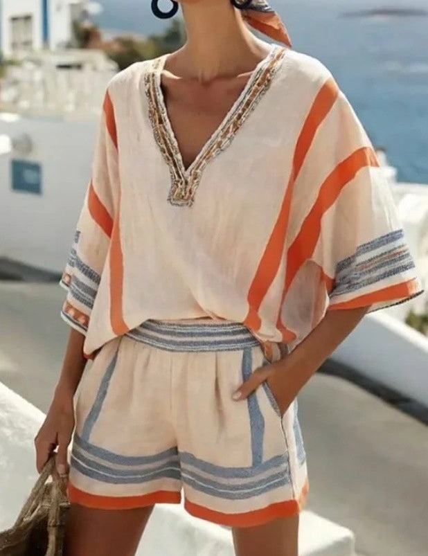 Carmen Reyes | Stribet linned sæt med shorts til kvinder