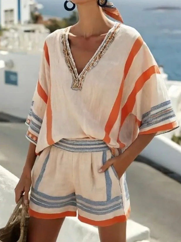 Carmen Reyes | Stribet linned sæt med shorts til kvinder