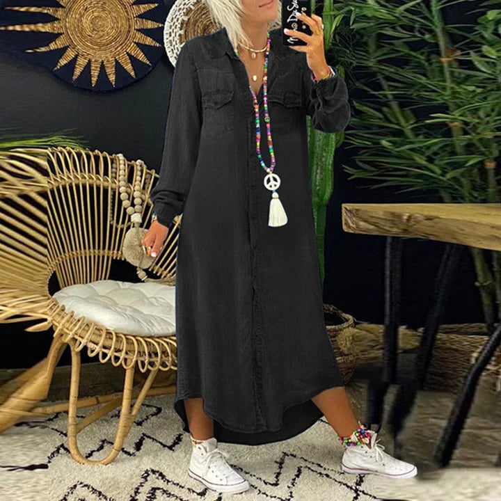 Giulia Moretti | Denim luksus blousekjole i midi-længde