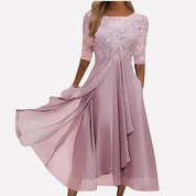 Isabella Moretti | Elegant luksus midi kjole i blonde og chiffon