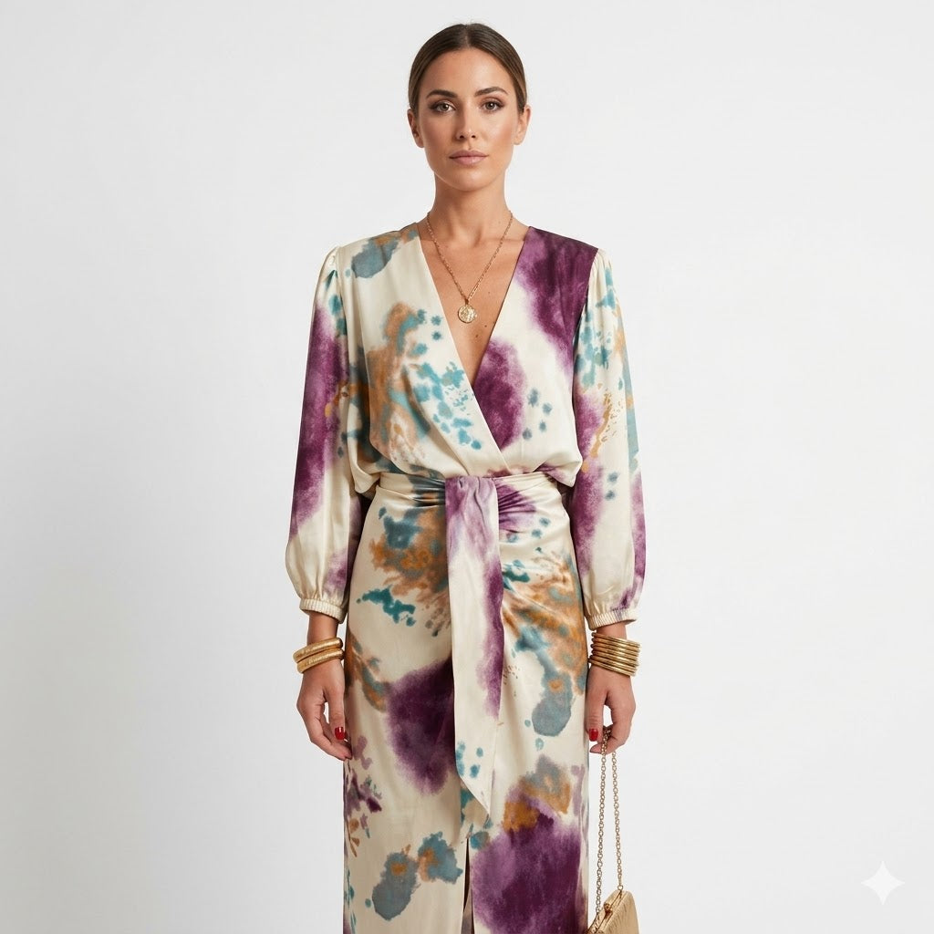 Aurelia Bellini | Midi-slå-om kjole i satin med akvarel print