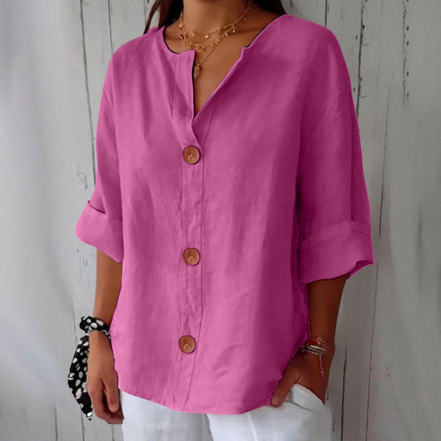 Roselia Pemburst | Løs Casual Bluse med Knapper til Kvinder