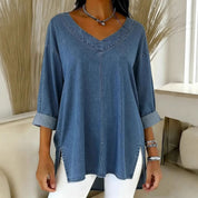 Paloma Durand | Oversized denim top med V-hals og 3/4-ærmer til kvinder