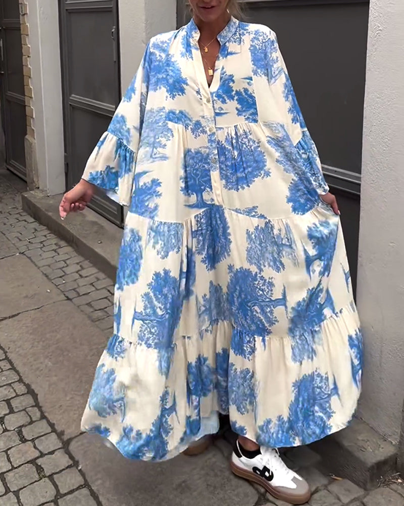 Carlotta Sinclair | Maxi-skjortekjole med naturprint og flæseærmer