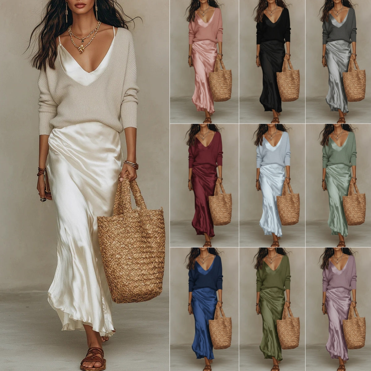 Vibeke Sørensen | Koordineret sæt med strikbluse og satinkjole i maxi-længde