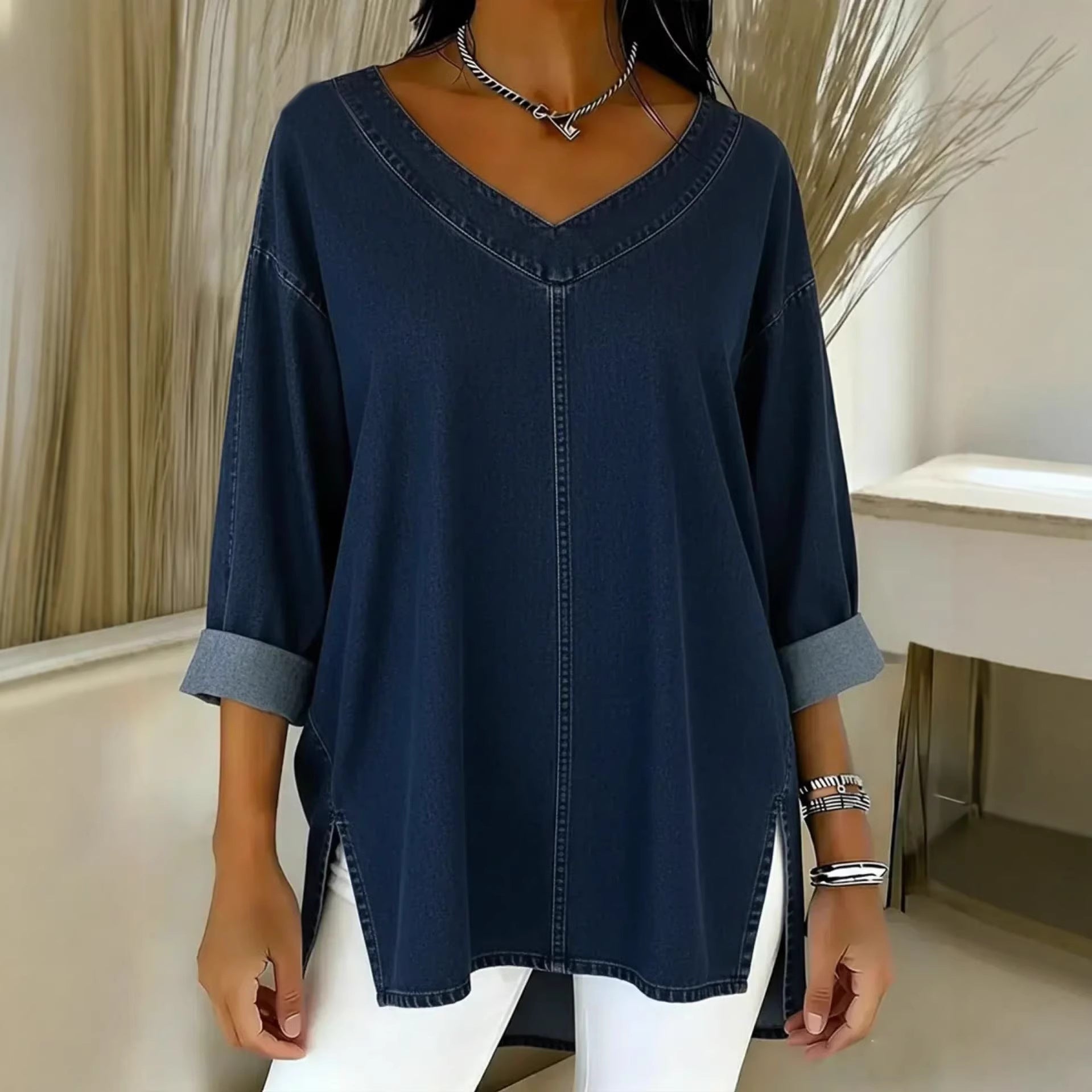 Paloma Durand | Oversized denim top med V-hals og 3/4-ærmer til kvinder