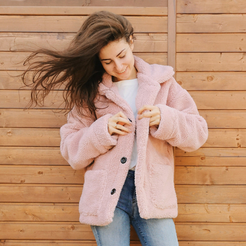 Anna Solberg | Teddy-frakke i pink shearling-look