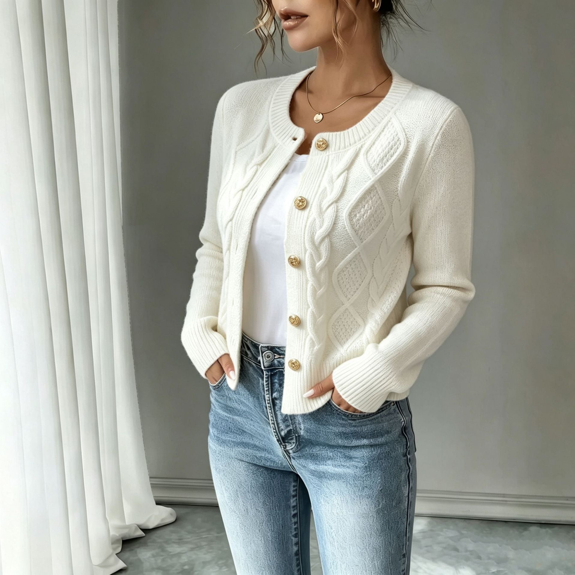 Katja Dam | Tmavě modrý kardigan s knoflíky a copánkovým úpletem