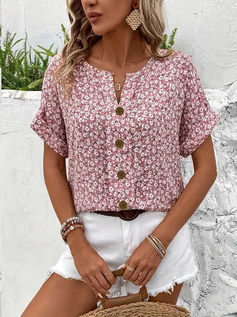 Romina Carlisle | Kortærmet Blomsterbluse med Knapdetalje