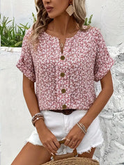 Romina Carlisle | Kortærmet Blomsterbluse med Knapdetalje