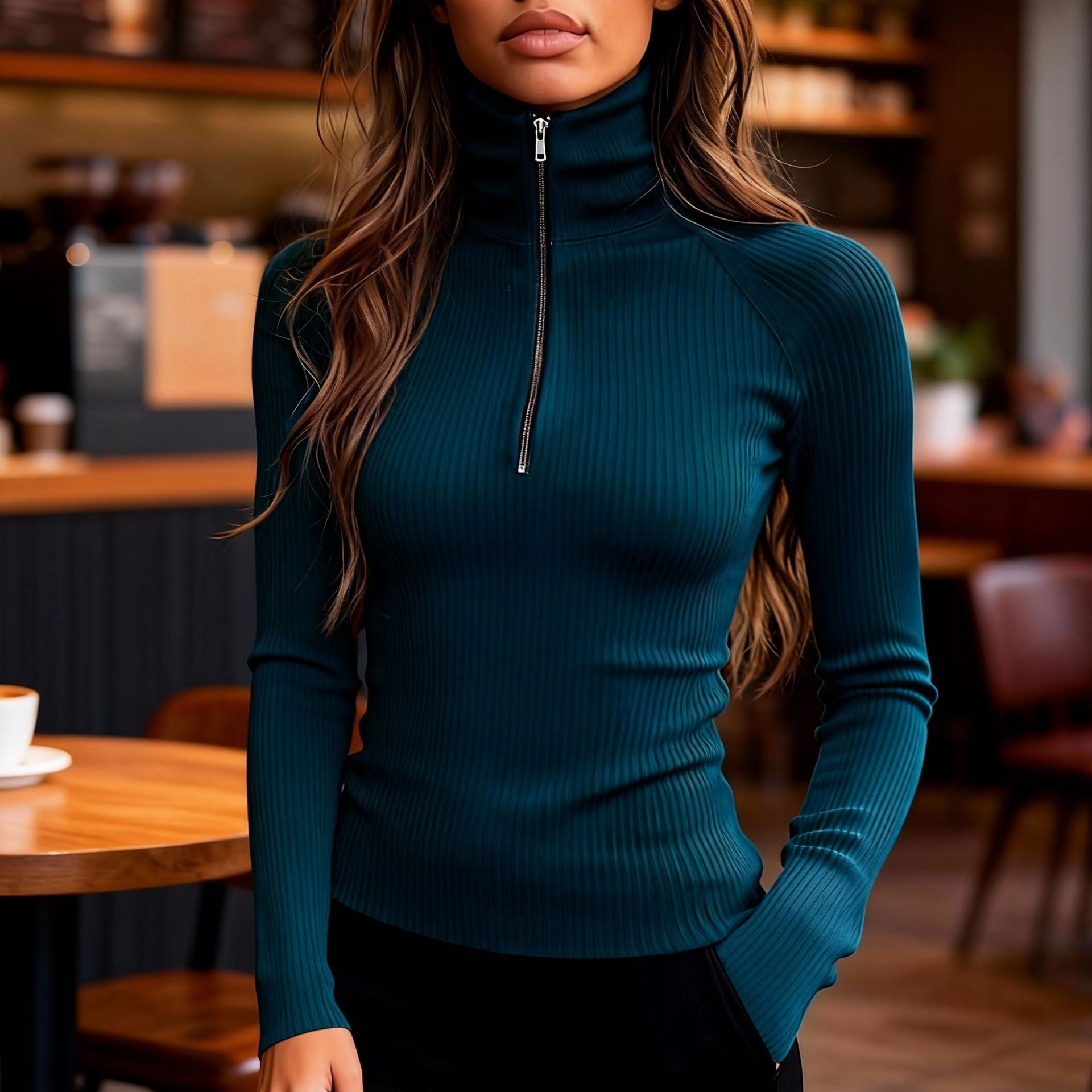 Amanda Fisker | Slim-Fit Turtleneck Blouse with Zipper