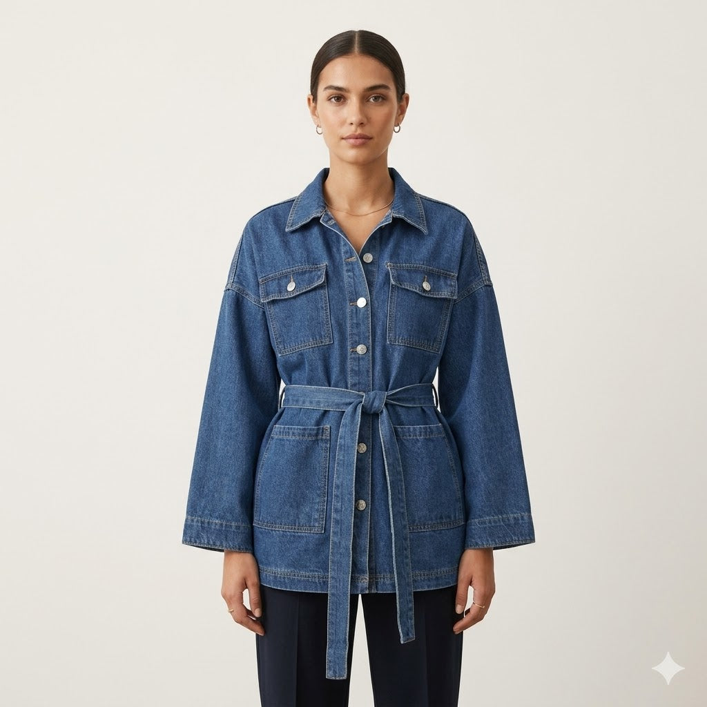 Solange Moretti | Denim Jakke med Bælte i Mid-Wash Blå